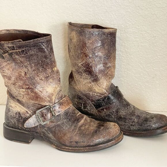 Frye Veronica Distressed Short Leather combat moto Boots in Brown 8.5 - Picture 10 of 12